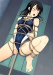  arms_behind_back bangs bare_legs barefoot bdsm black_hair blush bondage bound box_tie breasts closed_eyes competition_swimsuit covered_nipples f-ism feet highres lying medium_breasts murakami_suigun navel object_insertion on_back one-piece_swimsuit open_mouth original pole restrained shibari shibari_over_clothes solo spread_legs swimsuit tears toes vaginal vaginal_object_insertion vaginal_object_push 
