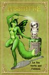  alcohol beverage bottle breasts canine design eosfoxx fairy female fox fur green green_fur green_hair hair magic mammal naturally_censored nude orange_eyes poster solo wand wings 
