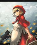  basket blonde_hair blue_eyes bulleta cape chuppa_(katotsuba) dress frown gun hood imi_uzi letterboxed red_dress solo submachine_gun vampire_(game) weapon 