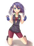  bike_shorts blue_eyes blue_hair blush fingerless_gloves gloves highres kaeru_(kaerism) kneeling open_mouth original ruri_(kaeru314) scrunchie shadow side_ponytail sleeveless solo sports_bra unzipped 