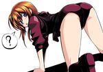  ? all_fours ass blue_eyes blush elpeo_puru gundam gundam_zz kyo9999 leotard looking_back open_mouth orange_hair purple_leotard simple_background sleeves_pushed_up solo 