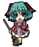  animal_ears bad_id bad_pixiv_id blush_stickers broom dress fang green_eyes green_hair highres kasodani_kyouko onsen_tamago_(nurumayu_onsen) open_mouth short_hair simple_background smile solo tail touhou 