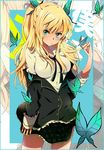  akishima_kei bad_id bad_pixiv_id blonde_hair blue_eyes boku_wa_tomodachi_ga_sukunai breasts bug butterfly butterfly_hair_ornament frown hair_ornament insect kashiwazaki_sena large_breasts long_hair off_shoulder school_uniform solo st._chronica_academy_uniform zoom_layer 