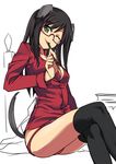  ;p animal_ears bespectacled black_hair black_legwear breasts cleavage dog_ears dress_shirt federica_n_doglio glasses green_eyes long_hair medium_breasts ningen_(ningen96) one_eye_closed open_clothes open_shirt panties pencil red_panties shirt simple_background sitting smile solo tail thighhighs tongue tongue_out underwear world_witches_series 
