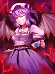  bat_wings blue_hair cup dress fang grin hat kaiza_(rider000) one_eye_closed red_eyes remilia_scarlet saucer short_hair smile solo teacup touhou window wings 