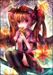  bad_id bad_pixiv_id black_legwear brown_hair cellphone hair_ribbon hat highres himekaidou_hatate leaf maho_moco maple_leaf phone red_eyes ribbon solo thighhighs tokin_hat touhou twintails wings 