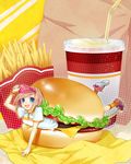  :d blue_eyes brown_hair cheese cup drinking_straw food french_fries hamburger in_food minigirl open_mouth original r/k smile solo visor_cap wristband 