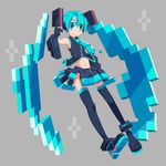  aqua_eyes aqua_hair detached_sleeves gloves hatsune_miku highres inaba_taiju long_hair midriff navel necktie pixelated pointing skirt smile solo thighhighs twintails very_long_hair vocaloid 