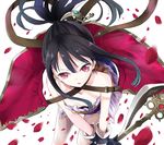  atelier_(series) atelier_totori bare_shoulders black_gloves black_hair capelet downblouse dress flat_chest gloves hair_ornament long_hair maromi_(am97) mimi_houllier_von_schwarzlang open_mouth petals ponytail purple_dress red_eyes revision simple_background solo staff strapless strapless_dress 