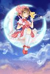  brown_hair cardcaptor_sakura crescent_moon dress fuuin_no_tsue glove_bow gloves green_eyes hat highres kero kinomoto_sakura magical_girl moon pink_hat short_hair sitting tippy white_gloves 