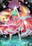  barefoot bow flower green_eyes hair_flower hair_ornament hieda_no_akyuu japanese_clothes kimono open_mouth purple_hair short_hair solo touhou umino_mizu wading water 