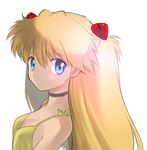  bangs blonde_hair blue_eyes bow breasts brown_hair choker closed_mouth dress from_side hair_between_eyes hair_ornament kikumaru_bunta long_hair looking_at_viewer neon_genesis_evangelion shade simple_background sleeveless sleeveless_dress small_breasts solo souryuu_asuka_langley two_side_up upper_body white_background yellow_bow yellow_dress 