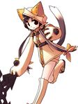  1girl animal_ears arc_system_works blazblue boots brown_eyes brown_hair cat_ears cat_tail female final_fantasy final_fantasy_vii hood kneehighs maao short_hair shuriken solo tail taokaka taokaka_(cosplay) weapon white_background yuffie_kisaragi 