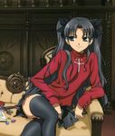  artist_request black_legwear couch crossed_legs dagger fate/stay_night fate_(series) gem highres long_legs sitting solo thighhighs toosaka_rin two_side_up weapon zettai_ryouiki 