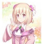  ar_tonelico ar_tonelico_iii bare_shoulders blonde_hair bow braid hair_ornament pink_eyes saki_(ar_tonelico) shizufa short_hair smile solo v 