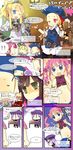  &gt;_&lt; armor bad_id bad_pixiv_id belt blonde_hair blue_eyes blush closed_eyes cup feathers fingerless_gloves food fox_mask gauntlets gloves green_eyes hat highres kuma_jet mask meat midriff monk_(sekaiju) mug multiple_girls navel ninja_(sekaiju) pink_hair pirate_(sekaiju) princess_(sekaiju) purple_hair red_eyes sekaiju_no_meikyuu sekaiju_no_meikyuu_3 tiara translated twintails zodiac_(sekaiju) 