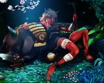  animal bad_id bad_pixiv_id bandage_over_one_eye bandages barefoot black_dress boar cup dress highres horns instrument looking_at_viewer lying on_back oni original oversized_animal red_skin sakazuki shigureteki solo 