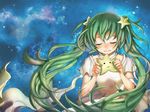  aqua_eyes aqua_hair bad_id bad_pixiv_id closed_eyes hatsune_miku keepout long_hair sky smile solo star star_(sky) starry_sky twintails very_long_hair vocaloid 