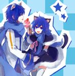  1girl animal_ears bad_id bad_pixiv_id blue_eyes blue_hair blue_scarf cat_ears cat_tail dress fang food genderswap genderswap_(mtf) gloves i-riya ice_cream kaiko kaito licking scarf smile tail thighhighs vocaloid zettai_ryouiki 