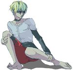  1boy barefoot blonde_hair blue_eyes galerians lowres red_shorts rion_(galerians) rion_steiner short_hair simple_background solo white_background 