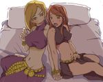  2girls bare_shoulders bed blonde_hair brown_hair celia dancer_(fft) female final_fantasy final_fantasy_tactics hand_holding henoeno holding_hands kanenaga lettie long_hair midriff multiple_girls open_mouth tank_top tanktop wristband yellow_eyes 