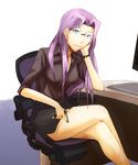  chair chin_rest crossed_legs fate/stay_night fate_(series) glasses legs long_hair mochi_suki office_lady pencil_skirt rider sitting skirt solo watch wristwatch 