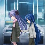  :3 ahoge bad_id bad_pixiv_id blue_eyes blue_hair coat fare_gate green_eyes hiiragi_kagami isou_nagi izumi_konata long_hair lucky_star mole mole_under_eye multiple_girls purple_hair scarf sleeve_tug train_station twintails winter_clothes winter_coat yuri 