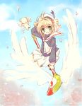  cardcaptor_sakura child flying fuuin_no_tsue hair_bobbles hair_ornament hat kero kinomoto_sakura magical_girl petals school_uniform short_twintails skirt to-ka tomoeda_elementary_school_uniform twintails wand white_hat wings 