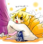  animal_ears blonde_hair chibi fang fox_ears fox_tail multiple_girls short_hair sleeves_past_wrists solo_focus tail touhou tug viva!! yakumo_ran yakumo_yukari younger 