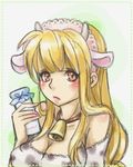  arc_the_lad arc_the_lad_ii bell blonde_hair blush bottle breasts collar cow_bell cow_horns cow_print female gradient gradient_background horns lieza long_hair lowres nama-hamu pink_eyes solo 