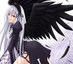  black_wings dress feathers flower frilled_dress frills hairband lolita_fashion long_hair older red_eyes rose rozen_maiden shuugetsu_karasu silver_hair solo suigintou wings 