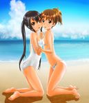  absurdres bad_id bad_pixiv_id barefoot beach bikini black_hair breast_press breasts brown_eyes brown_hair day highres hinoki_(studio_spiral_dust) hirasawa_ui holding_hands k-on! long_hair multiple_girls nakano_azusa one-piece_swimsuit ponytail short_hair small_breasts swimsuit symmetrical_docking twintails 