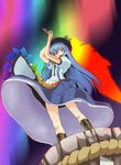  bad_id bad_pixiv_id blue_hair boots food from_below fruit gradient hat hinanawi_tenshi keystone long_hair moss_(sphere211) peach red_eyes rope shimenawa solo sword sword_of_hisou touhou weapon 
