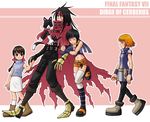  3girls bad_id bad_pixiv_id black_hair brown_hair cait_sith cape cat child clawed_gauntlets claws copyright_name dirge_of_cerberus_final_fantasy_vii final_fantasy final_fantasy_vii gloves height_difference k-haruka marlene_wallace multiple_girls orange_hair pantyhose shelke_the_transparent single_glove thighhighs vincent_valentine yuffie_kisaragi 