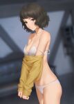  1girl bare_shoulders black_hair blurry blurry_background bra breasts brown_hair cleavage clothes_pull collarbone from_side highres kawakami_sadayo looking_at_viewer medium_breasts miura-n315 panties parted_lips persona persona_5 shirt shirt_pull short_hair solo strap_slip underwear undressing wavy_hair white_bra white_panties yellow_shirt 