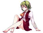  :q ascot bad_id bad_pixiv_id barefoot full_body green_hair kazami_yuuka kimino_tomonari legs plaid plaid_skirt plaid_vest reclining red_eyes simple_background skirt skirt_set solo tongue tongue_out touhou vest white_background 