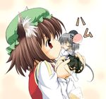  anger_vein angry animal_ears biting blush brown_hair cat_ears cheese chen food grey_hair hat jewelry minigirl mouse_ears mouse_tail multiple_girls nazrin pendant profile red_eyes seminoyu short_hair socks tail tongue touhou 