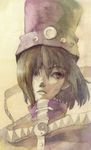  boogiepop boogiepop_(character) brown_hair empty_eyes hair_over_one_eye hat outerpocket purple_eyes sepia short_hair solo traditional_media turtleneck watercolor_(medium) wind yin_yang 