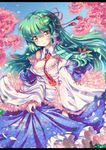  breasts cherry_blossoms cleavage detached_sleeves frills frog_hair_ornament green_hair hair_ornament highres kochiya_sanae letterboxed long_hair looking_at_viewer medium_breasts north_abyssor petals skirt_hold snake_hair_ornament solo touhou yellow_eyes 