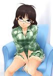  akizuki_ritsuko alternate_hairstyle antenna_hair between_thighs breast_squeeze breasts brown_eyes brown_hair cleavage glasses idolmaster idolmaster_(classic) large_breasts long_hair mamezou no_pants plaid plaid_shirt shirt sleeves_rolled_up solo v_arms 