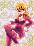  ara_(sora-ageha) bad_id bad_pixiv_id blonde_hair bottomless breasts cleavage cleavage_cutout crossed_legs genderswap genderswap_(mtf) giorno_giovanna jojo_no_kimyou_na_bouken large_breasts shaded_face sitting solo thighhighs 