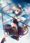  animal_ears basket boots grey_hair highres jewelry mouse mouse_ears mouse_tail nazrin nokishita pendant red_eyes short_hair solo tail touhou 