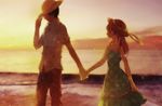  1girl bad_id bad_pixiv_id beach couple darker_than_black dress hat hei hetero holding_hands long_hair sirius0512 sun_hat sundress sunset yin 