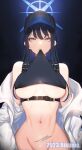 1girl absurdres areola_slip bare_shoulders belt biting biting_clothes black_hair blue_archive blue_hair breasts grey_eyes groin halo hat highres long_hair looking_at_viewer navel rikume saori_(blue_archive) solo underboob 
