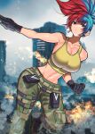  akisu_k blue_eyes blue_hair breasts camouflage camouflage_pants cargo_pants dog_tags earrings gloves heterochromia jewelry leona_heidern midriff multicolored_hair pants red_eyes red_hair tank_top the_king_of_fighters the_king_of_fighters_xiv toned triangle_earrings two-tone_hair yellow_tank_top 