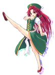  absurdres braid china_dress chinese_clothes dress hat high_kick highres hong_meiling kicking long_hair red_eyes red_hair solo touhou twin_braids usa-pom 