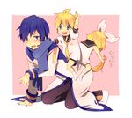  2boys all_fours bad_id bad_pixiv_id banana blonde_hair blue_eyes blue_hair blue_scarf blush carrying child food fruit hair_ribbon headphones kagamine_len kagamine_rin kaito multiple_boys ousaka_nozomi piggyback pink_background ribbon scarf short_hair simple_background sitting sitting_on_person tears translated vocaloid younger 