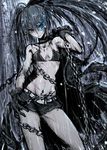  bikini_top black_hair black_rock_shooter black_rock_shooter_(character) blue_eyes burning_eye chain coat flat_chest gloves long_hair midriff moto_murabito navel pale_skin rain scar shorts solo traditional_media 