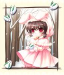  :3 animal_ears brown_hair bunny_ears coat hood inaba_tewi mittens red_eyes short_hair snow_bunny solo tail takatsukasa_yue touhou 