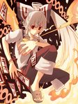  bad_id bad_pixiv_id bow fire fujiwara_no_mokou hair_bow hair_ribbon hands long_hair red_eyes ribbon sandals shiroshi_(denpa_eshidan) silver_hair solo suspenders touhou 